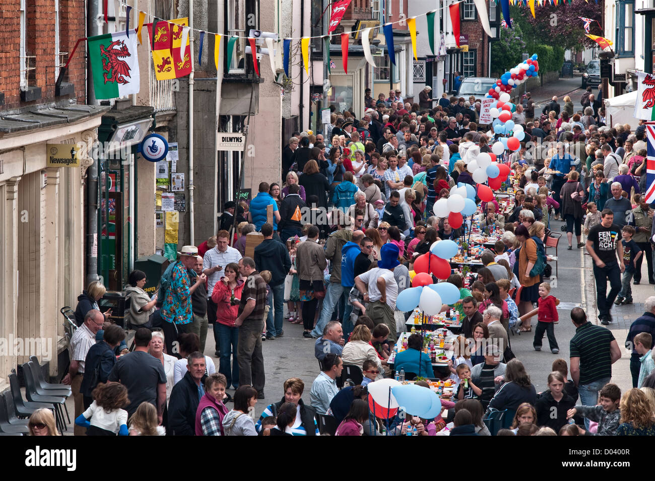 A street party in a small Welsh town, to celebrate the wedding of Prince William and Kate Middleton on the 29th April 2011 (Presteigne, Powys, UK) Stock Photo