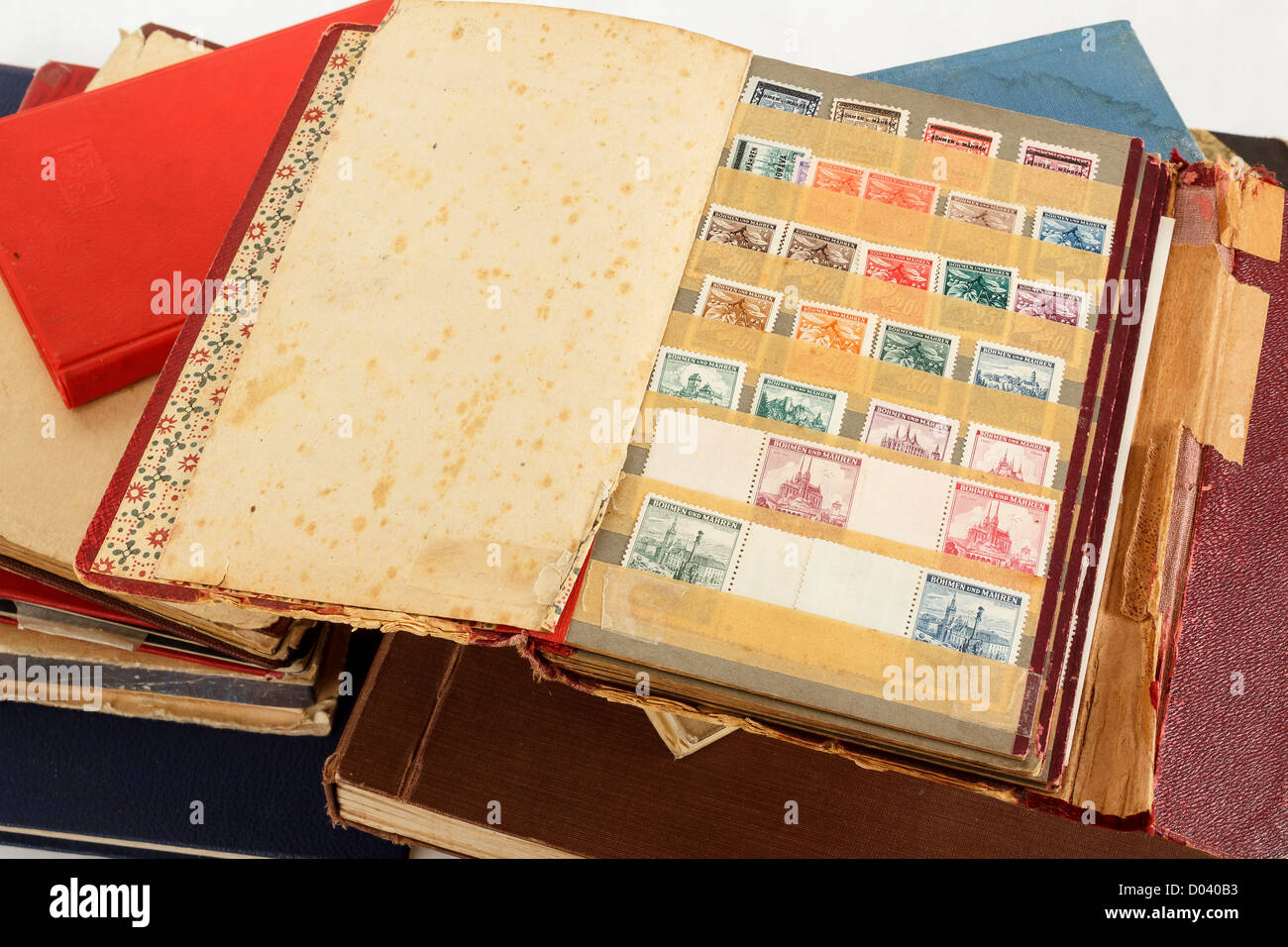 very old philatelic stamp collection albums Stock Photo
