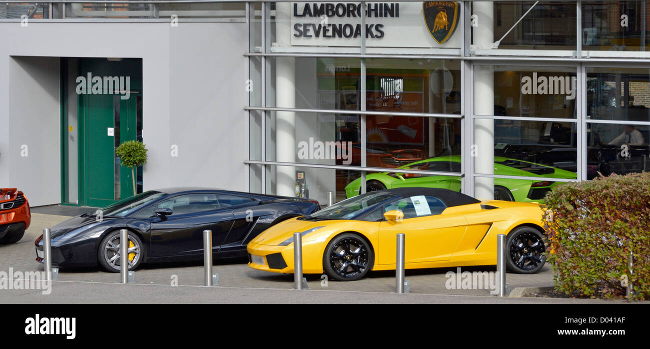 Lamborghini car showroom business and forecourt with Italian luxury sports cars Sevenoaks Kent England UK Stock Photo