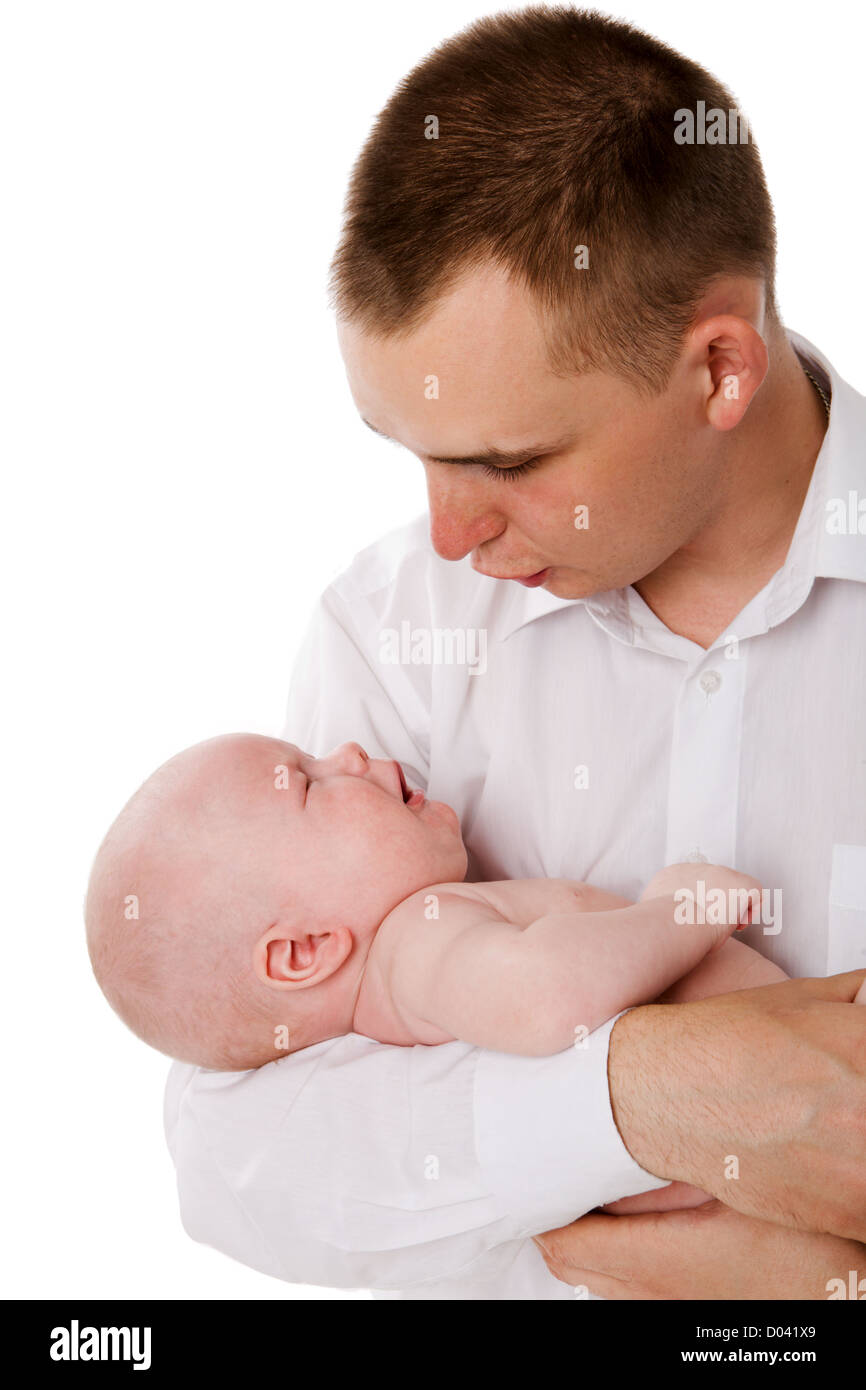 Happy Fathercomforting one month son isolated on white Stock Photo