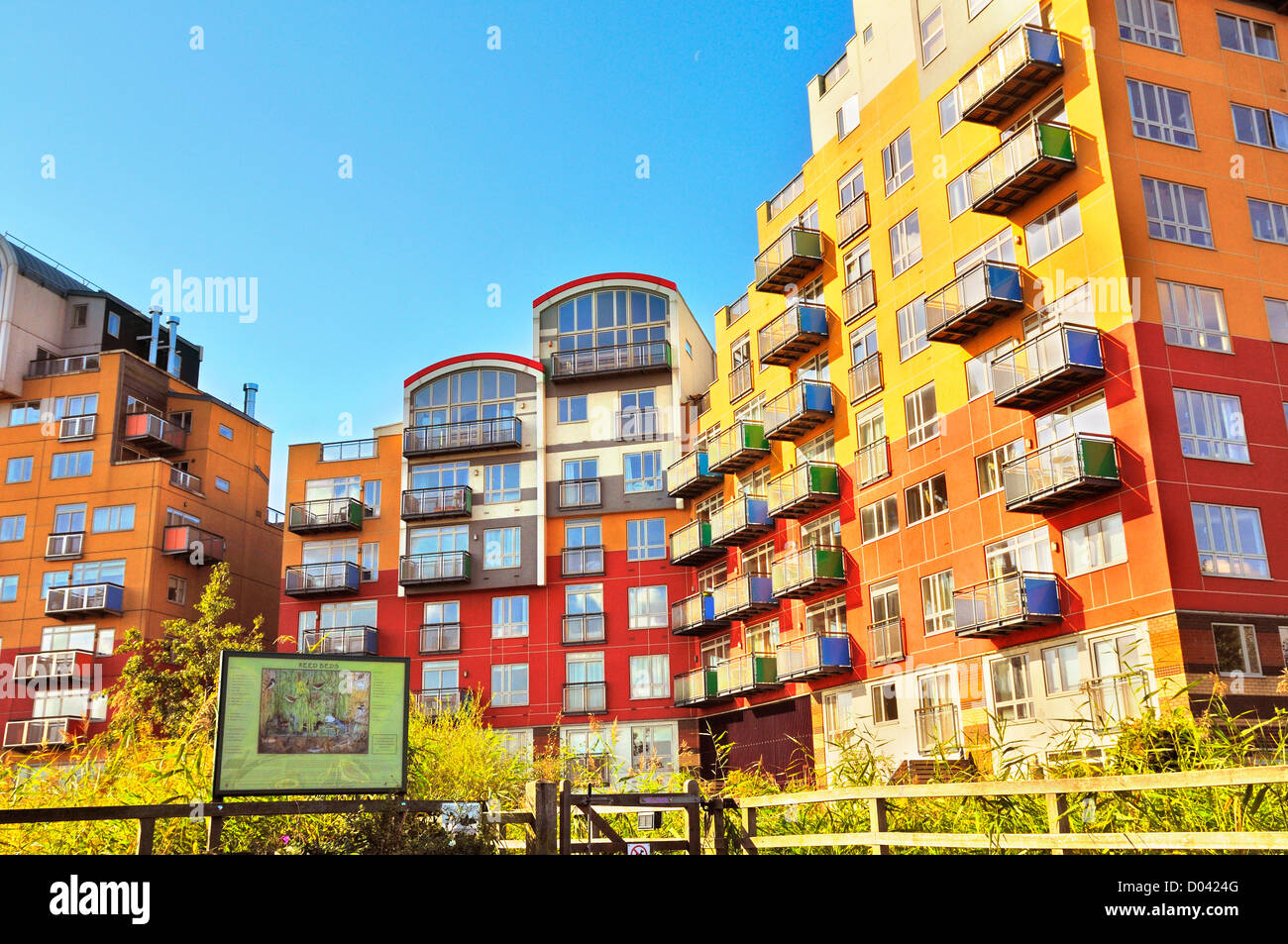 Colourful apartment blocks at the Greenwich Millennium Village, Greenwich Peninsula, London, SE10 Stock Photo