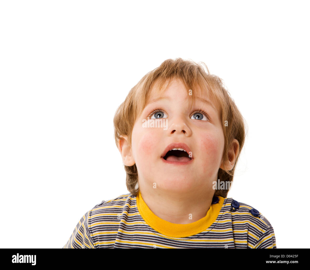 Happy Boy looking up laughing isolated on white Stock Photo Alamy