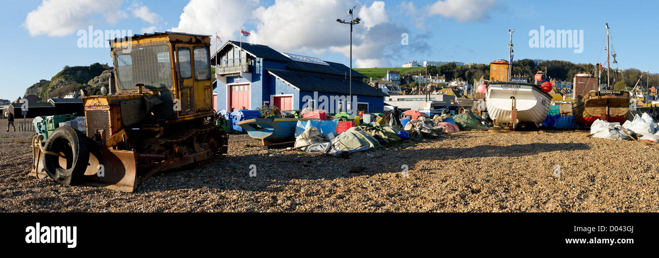 A panoramic view of The Stade in Old Hastings. Stock Photo