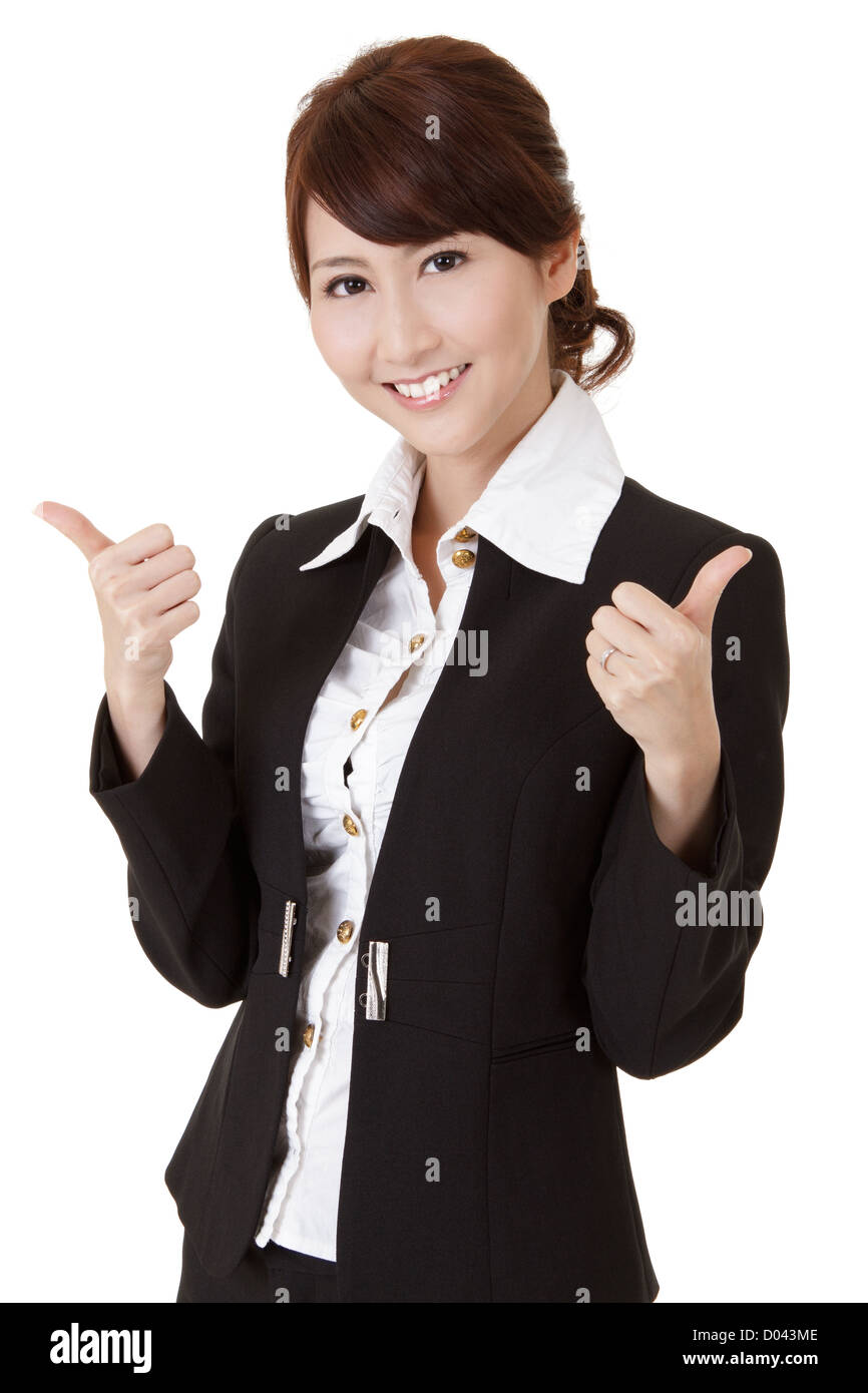 Smiling business woman give you successful double excellent gesture ...