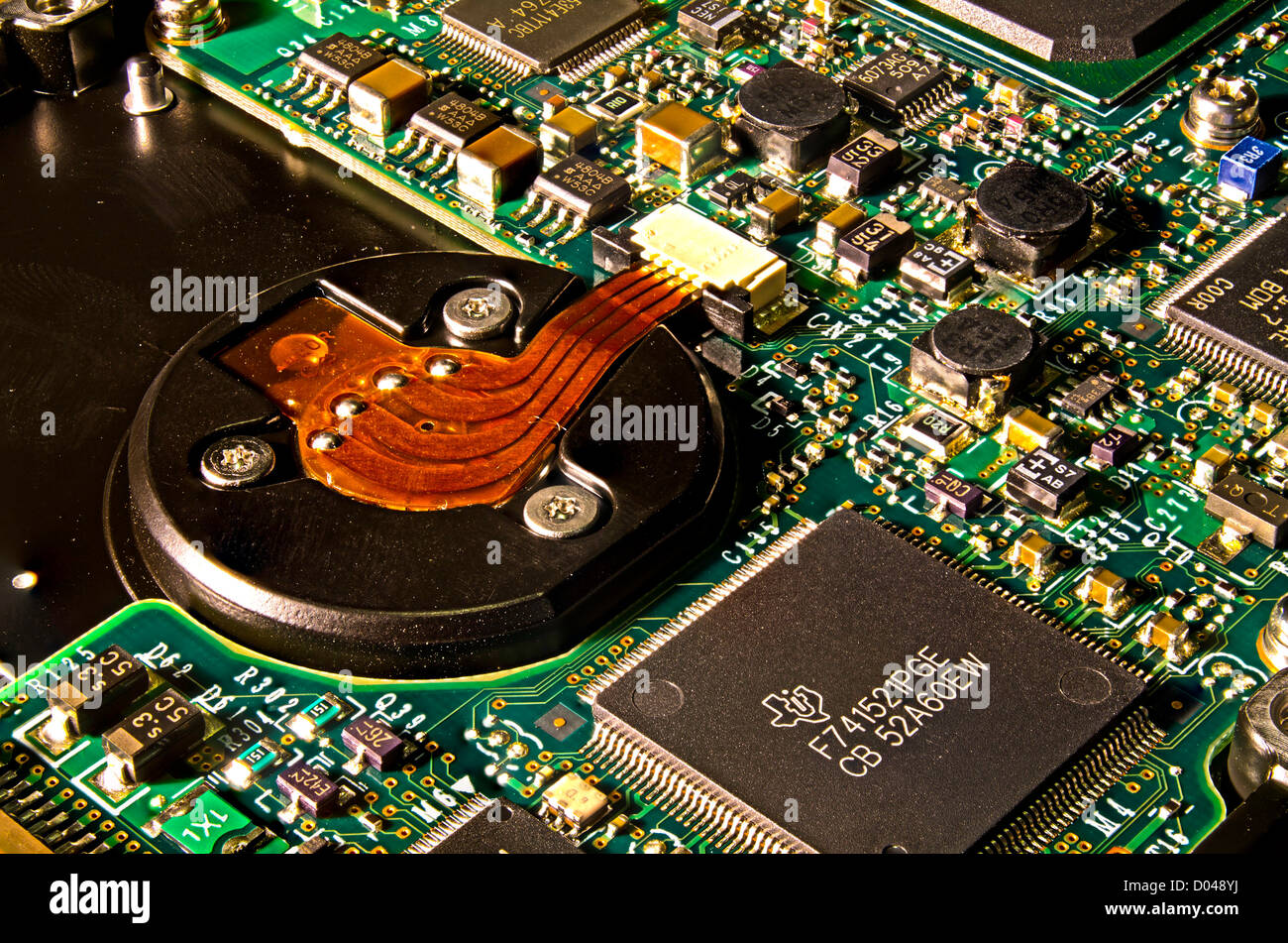 Macro image of an old dusty hard drive. Taken using focus stacking and