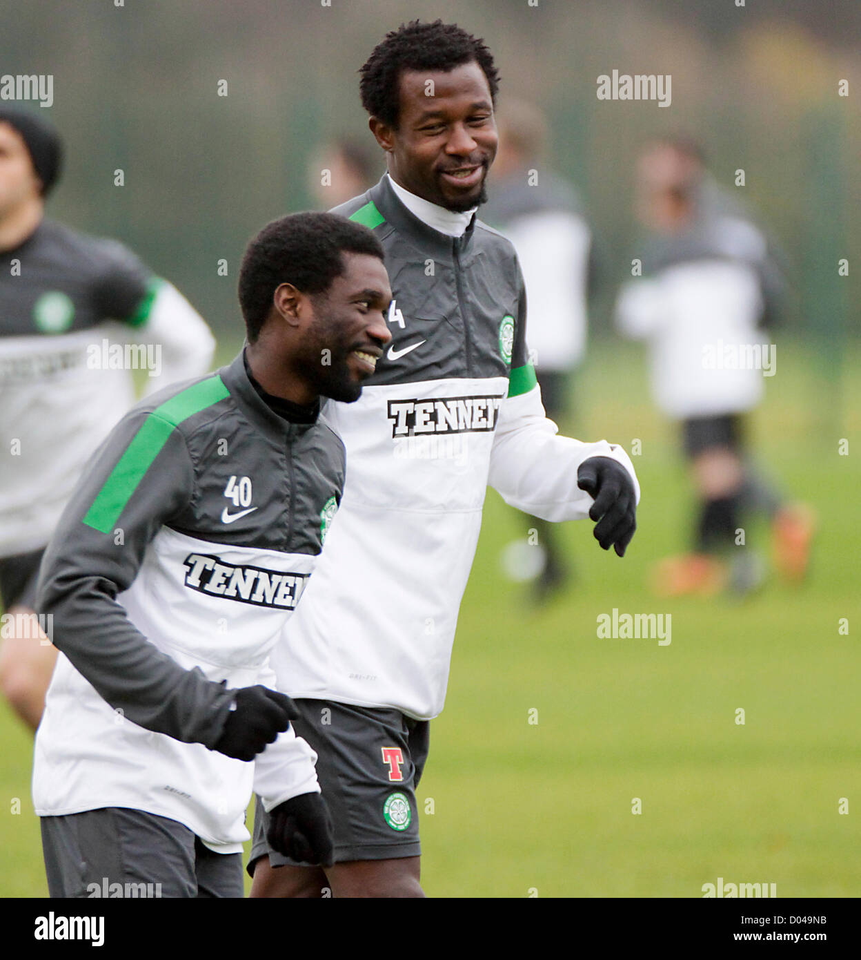 16.11.2012 Lennoxtown, Scotland. Efe Ambrose and Rabiu Ibrahim during the Celtic Training session ahead of their game with Aberdeen on Saturday. Stock Photo