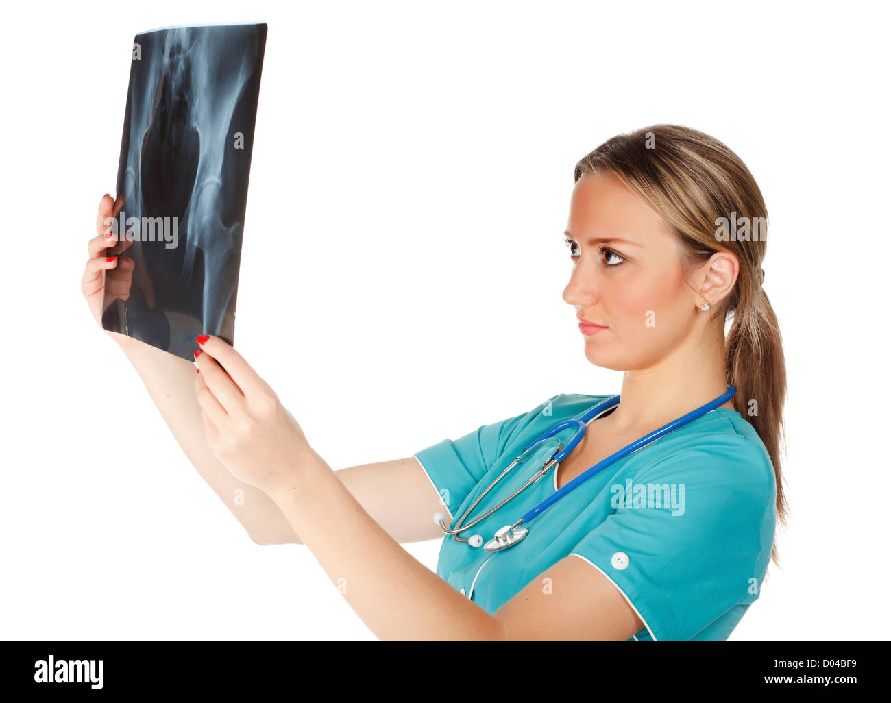 Female doctor checking xray image, isolated on white background. Stock Photo