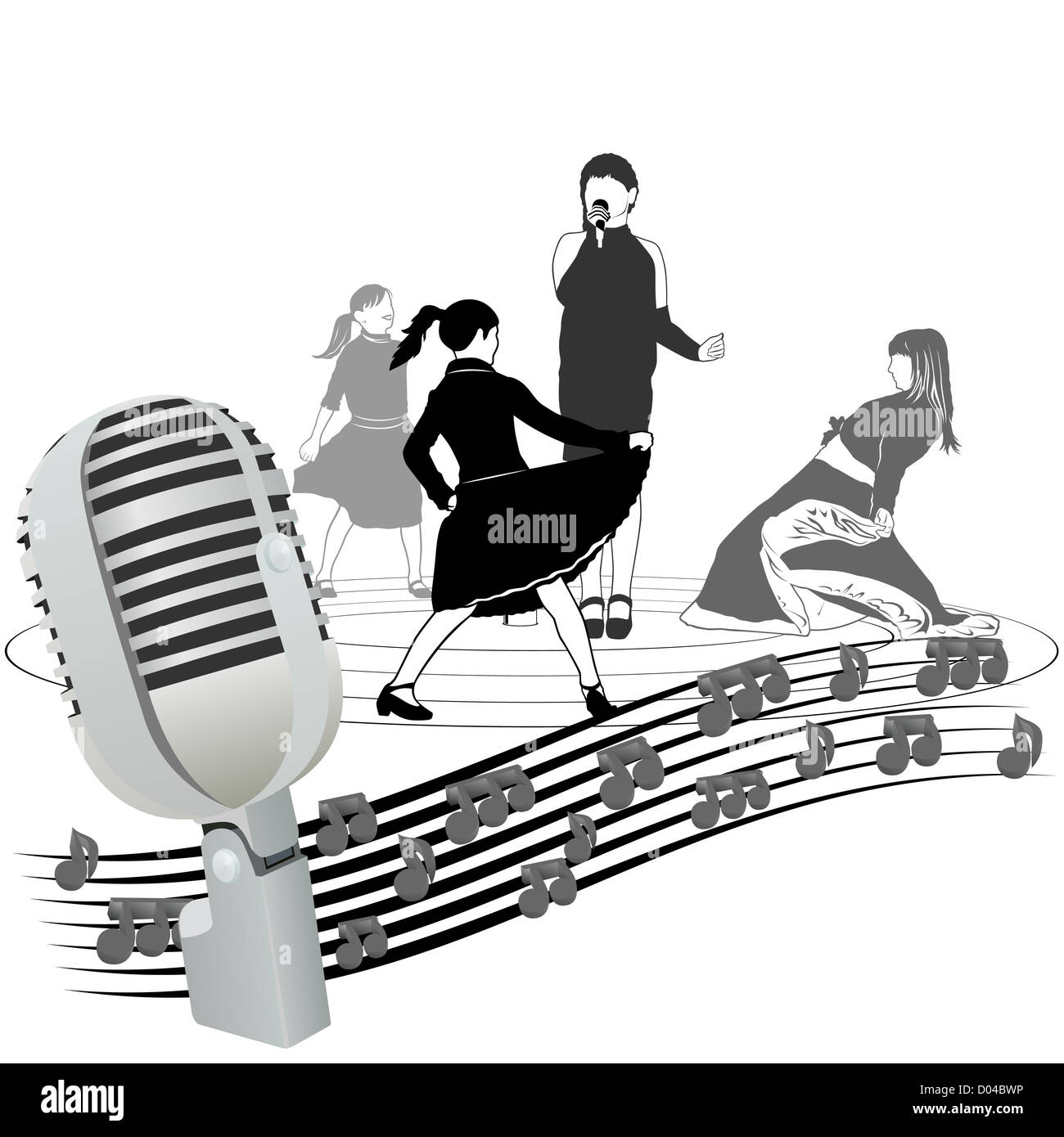 Old microphone and music notes against singing and dancing girls. An ...