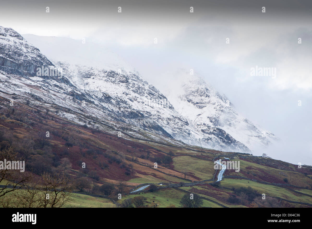 Snow on Red Screes in the Lake District with the Kirkstone Pass road ...