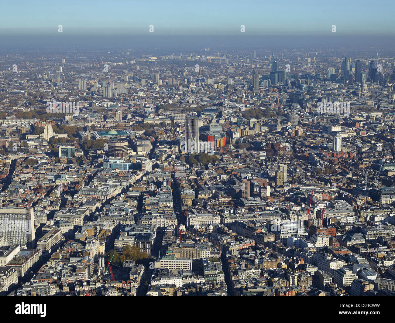 London's West End and Mayfair from the air, Oxford Street on the left and the City in the distance Stock Photo