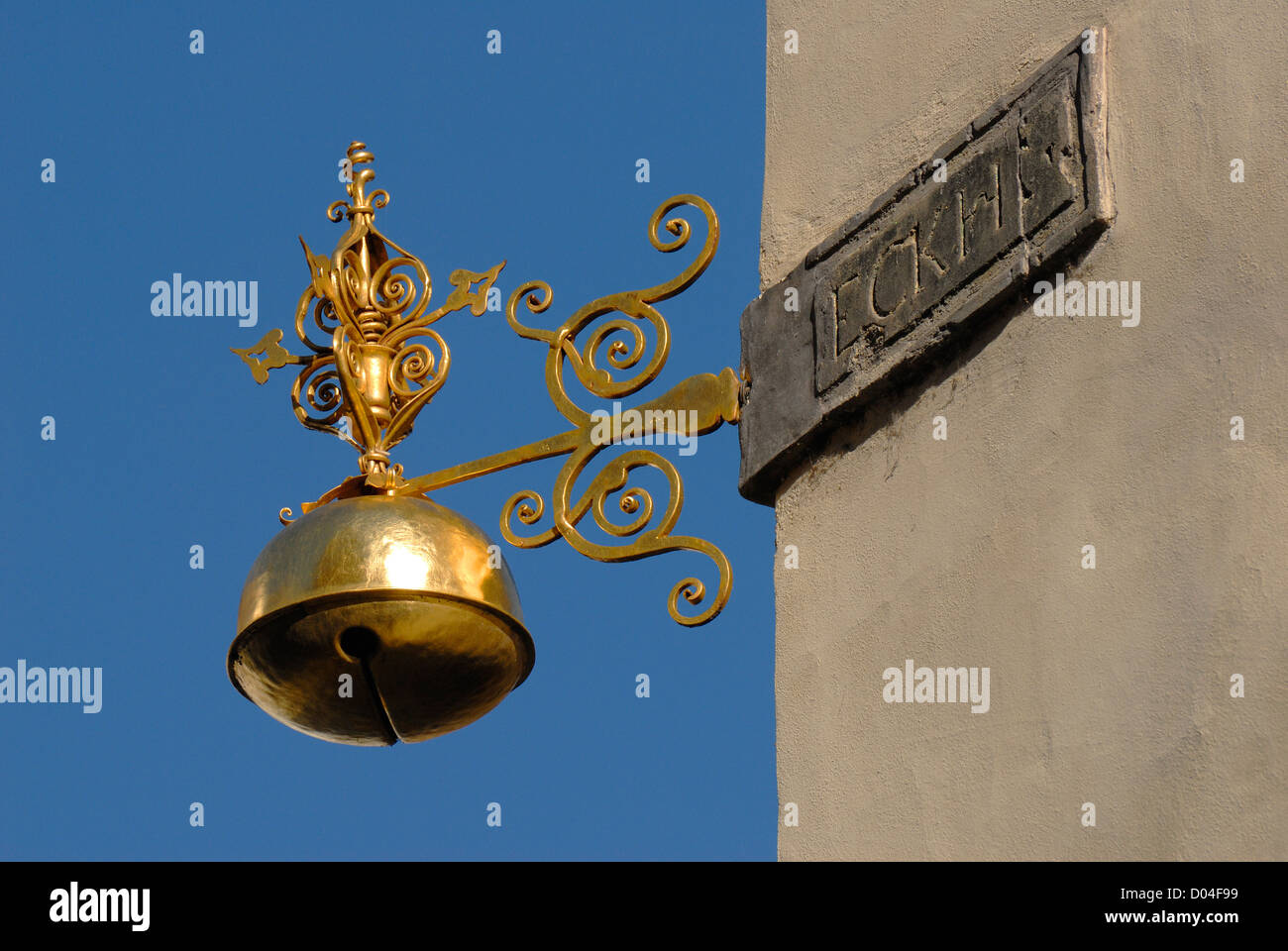 Prague, Czech Republic. Traditional house sign. The Golden Bell at Thunovska 9 Stock Photo