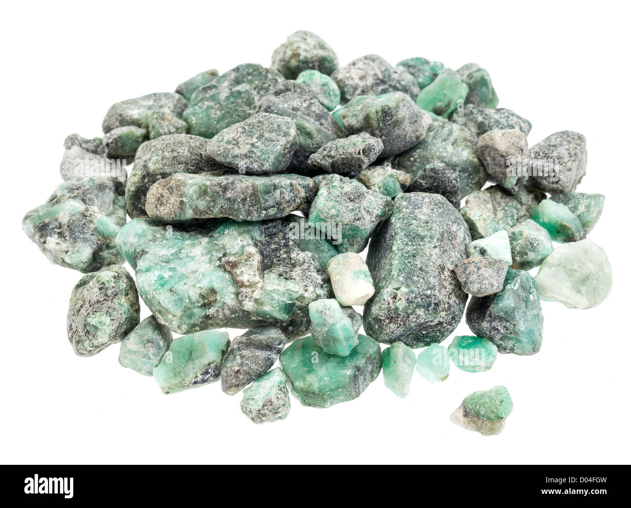 raw emerald gemstones (mineral beryl) with inclusions mined in Brazil, isolated on white Stock Photo