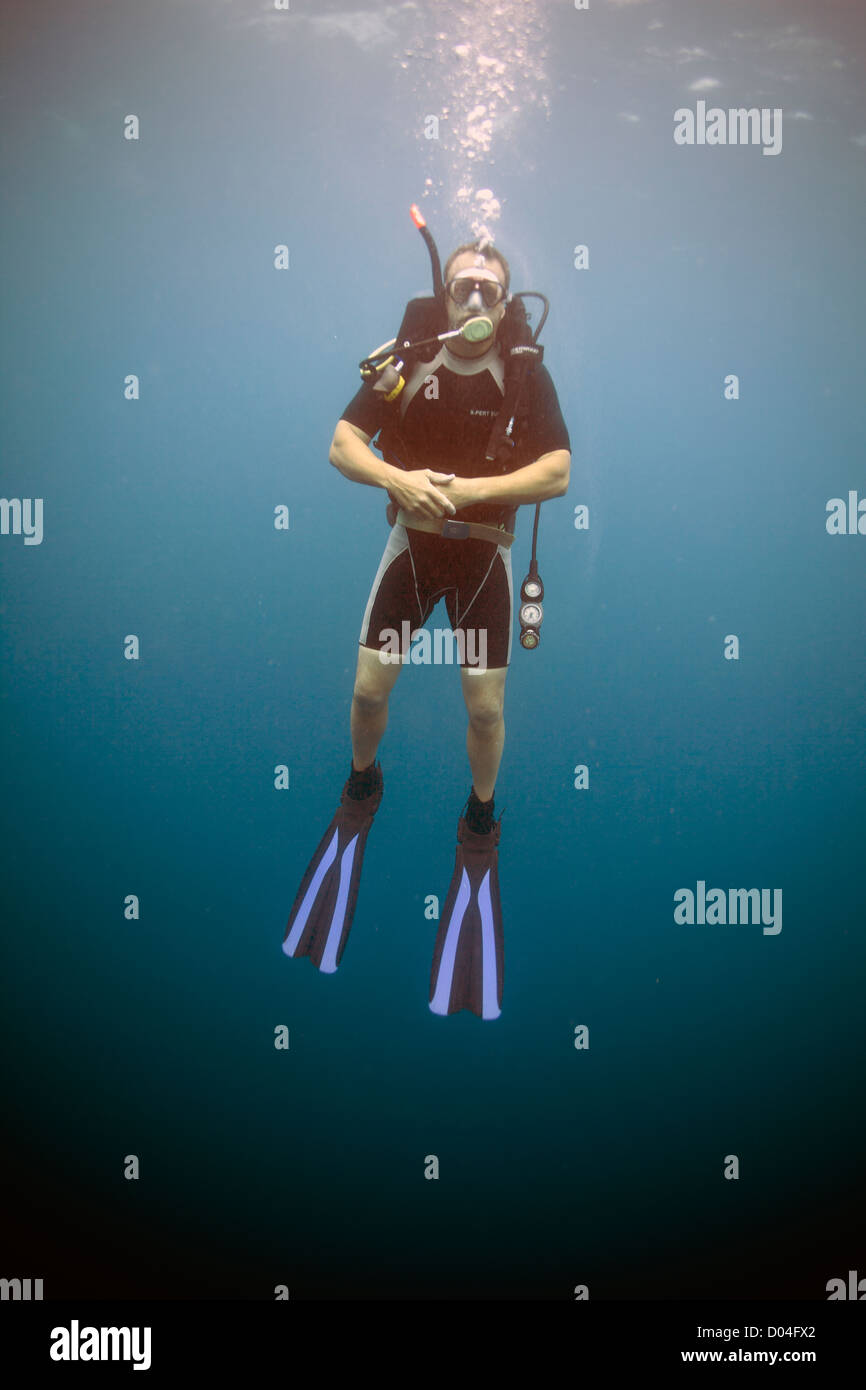 diver hovering mid water in the ocean Stock Photo