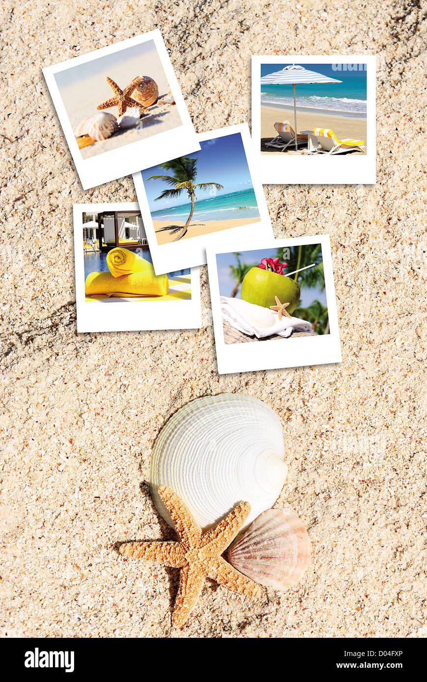 pola photography on the sand of a beach in summer with a sympatical message Stock Photo