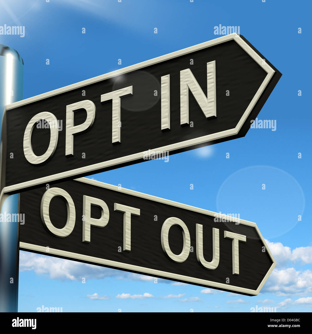 Opt In And Out Signpost Shows Decision To Subscribe Or Agree Stock Photo