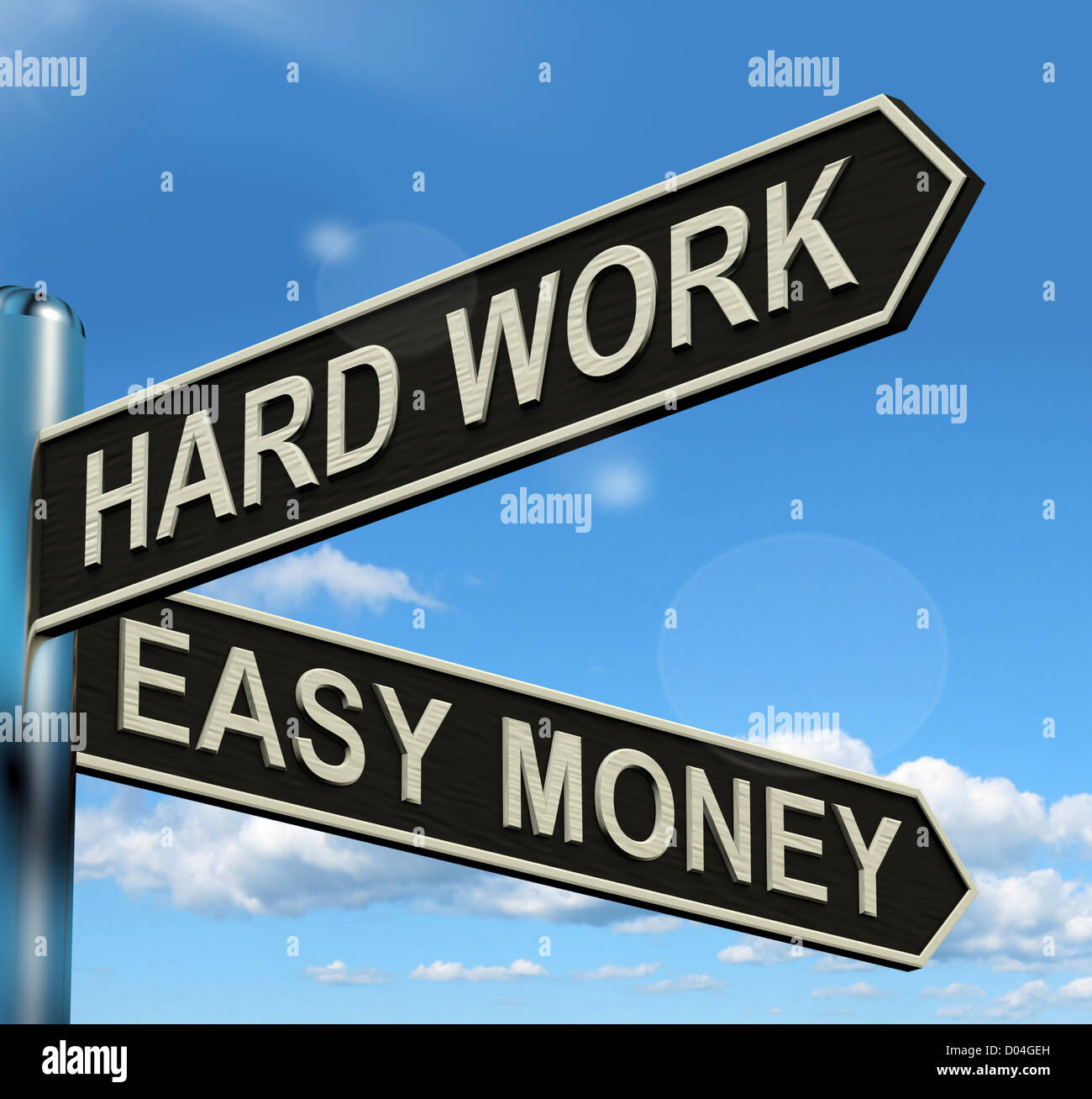 Hard Work Easy Money Signpost Showing Business Profit Stock Photo