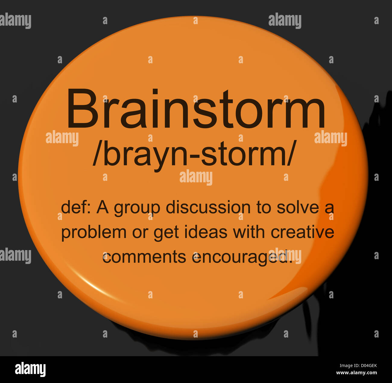 Brainstorm Definition Button Shows Research Thoughts And Discussion Stock Photo
