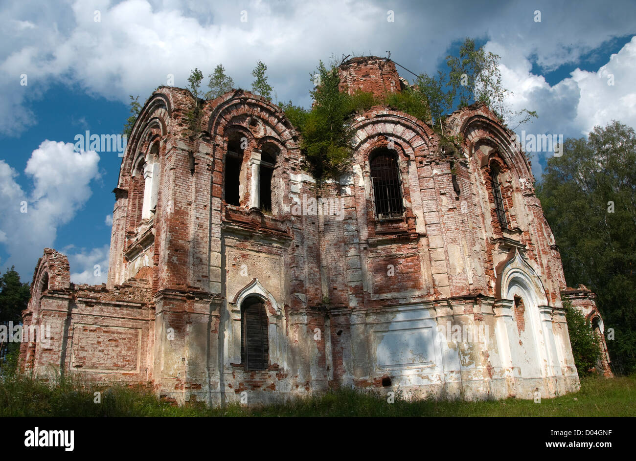Ruins of Church of Our Lady of the Iberian. Lykoshino, Tver region. The Church was built in 1878 on the original design of the f Stock Photo