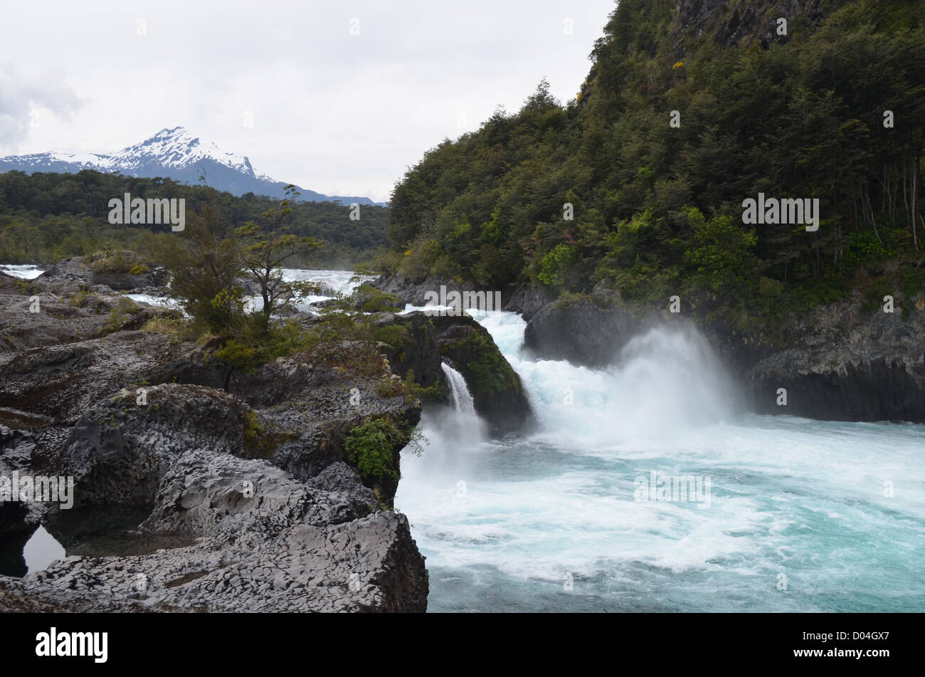 Petrohue Waterfalls, with a backdrop of the Osorno Volcano. Los Lagos region, Chilean Patagonia Stock Photo