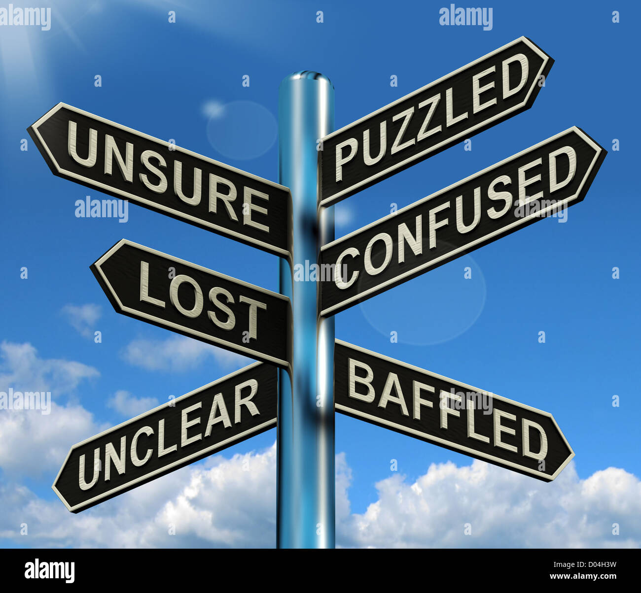 Puzzled Confused Lost Signpost Shows Puzzling Problem Stock Photo Alamy