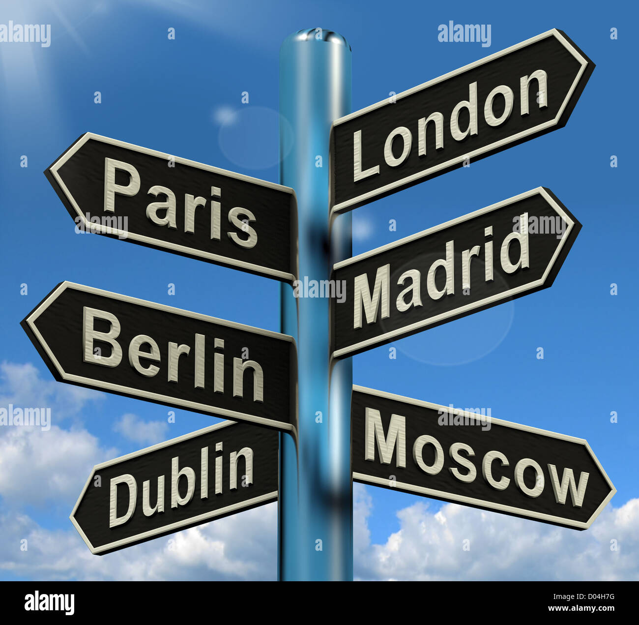 London Paris Madrid Berlin Signpost Shows Europe Travel Tourism And Destinations Stock Photo