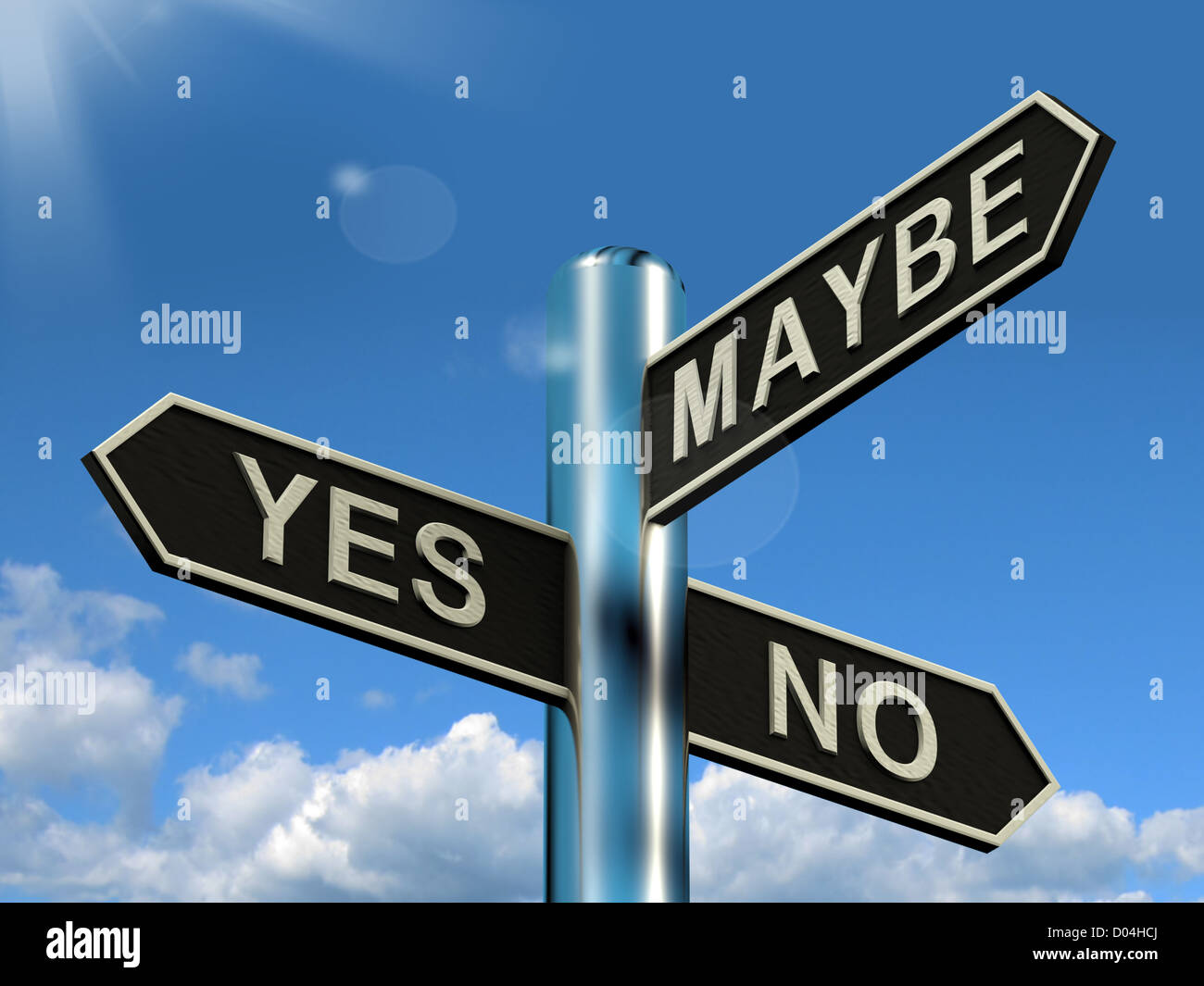 Yes No Maybe Signpost Showing Voting Decision Or Evaluation Stock Photo