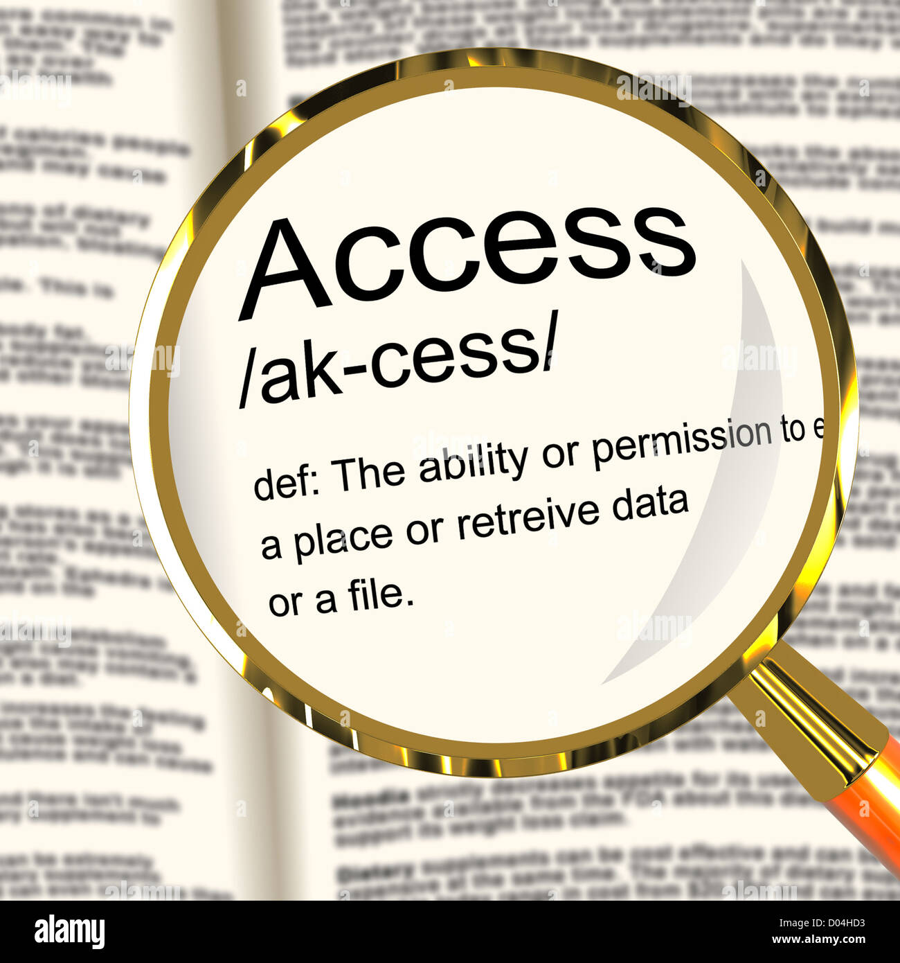 Access Definition Magnifier Shows Permission To Enter A Place Stock