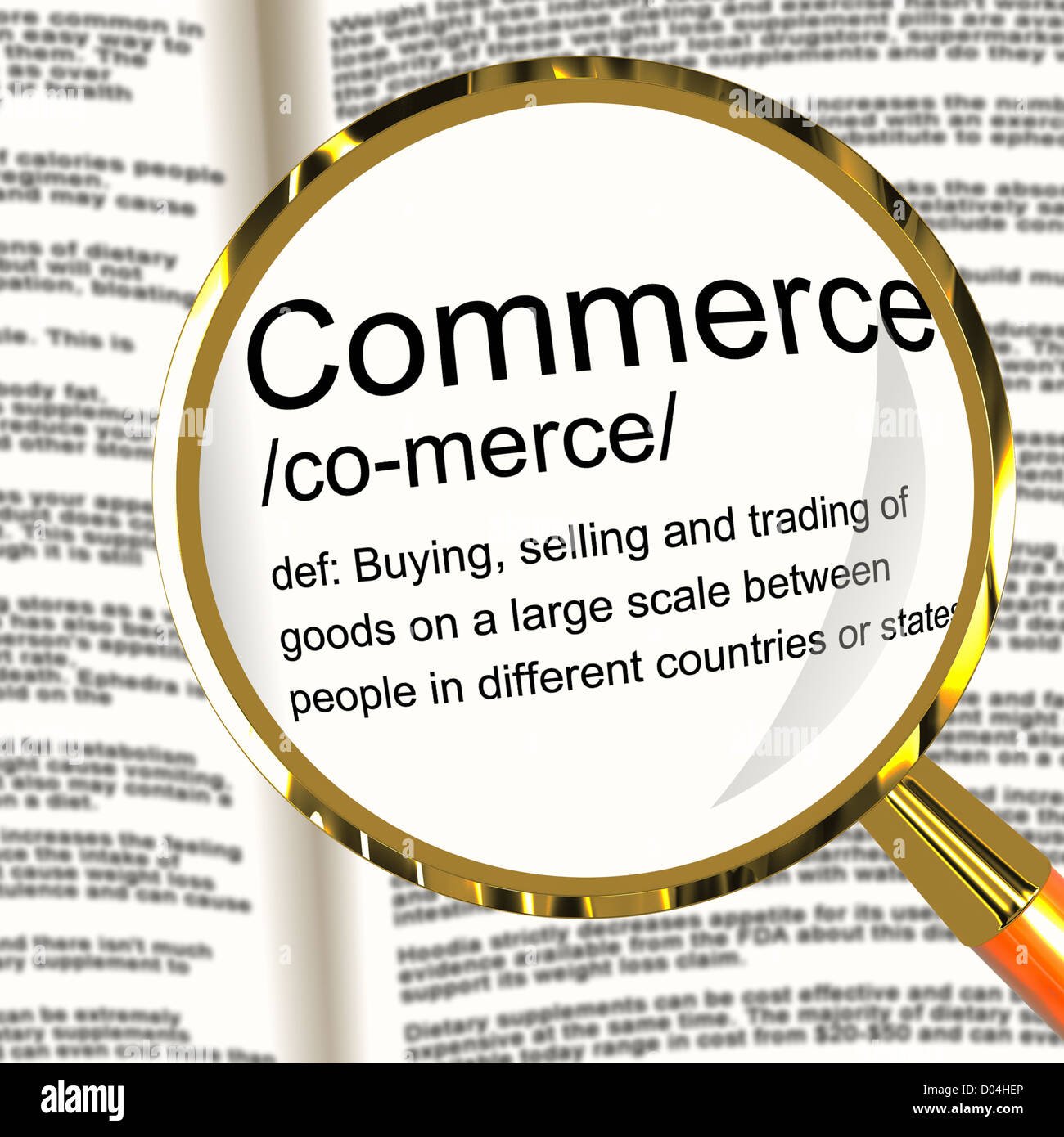 Commerce Definition Magnifier Shows Trading Buying And Selling Stock Photo