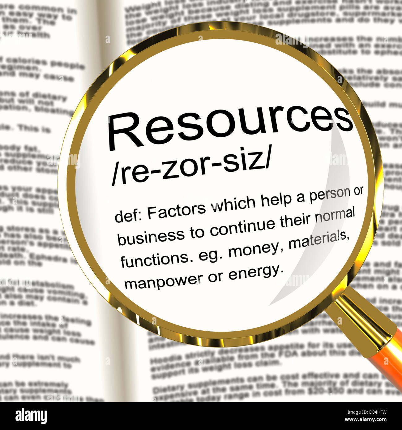 Resources Definition Magnifier Shows Materials Assets And Manpower For