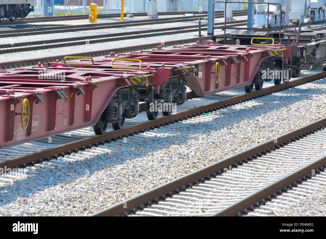Container flat wagon for transport by rail Stock Photo