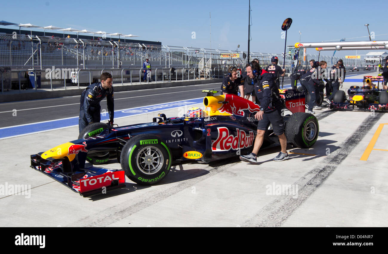 Driver Mark Webber of Red Bull Racing in the pits at practice  for the F1 United States Grand Prix at Circuit of the Americas Stock Photo