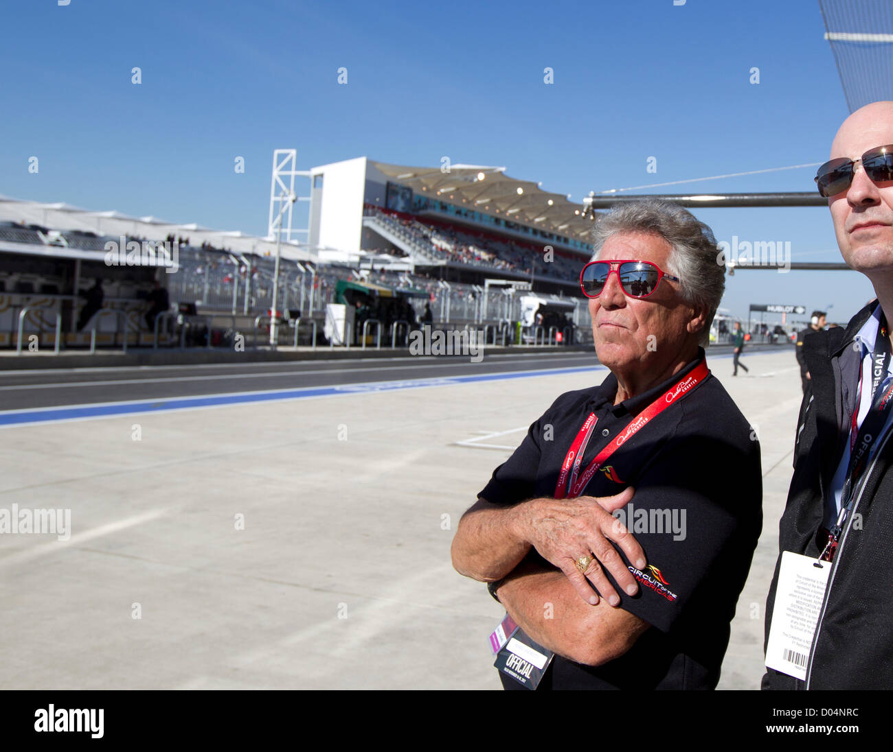 Legendary F1 driver Mario Andretti, 72, watches practice for the F1 United States Grand Prix at Circuit of the Americas track Stock Photo