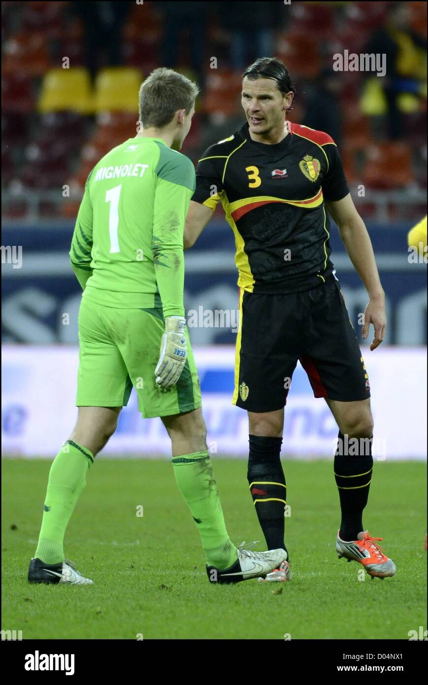 14.11.2012. Bucharest, Romania. International football fiendly. Romania versus Belgium.   Daniel van Buyten and goalkeeper  ignolet discuss tactics Stock Photo