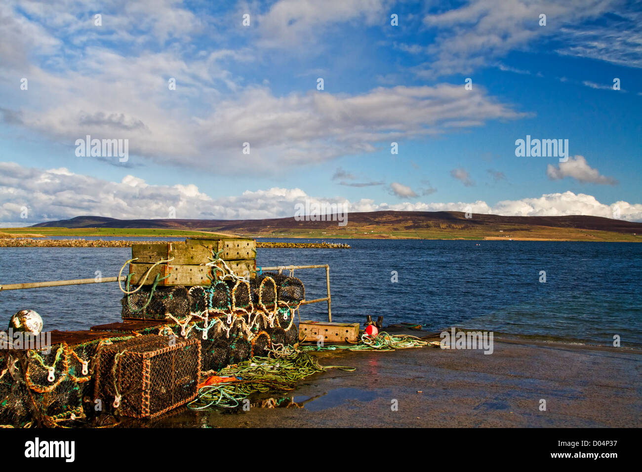 Lobster creels on the harbour at Tingwall, Orkney. Stock Photo