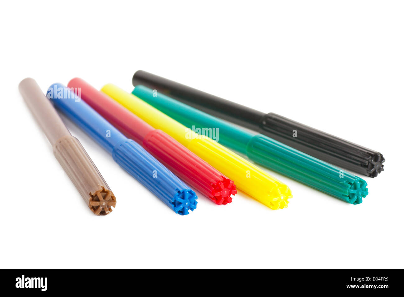 Six colorful markers (brown, blue, red, yellow, green and black) over white background Stock Photo