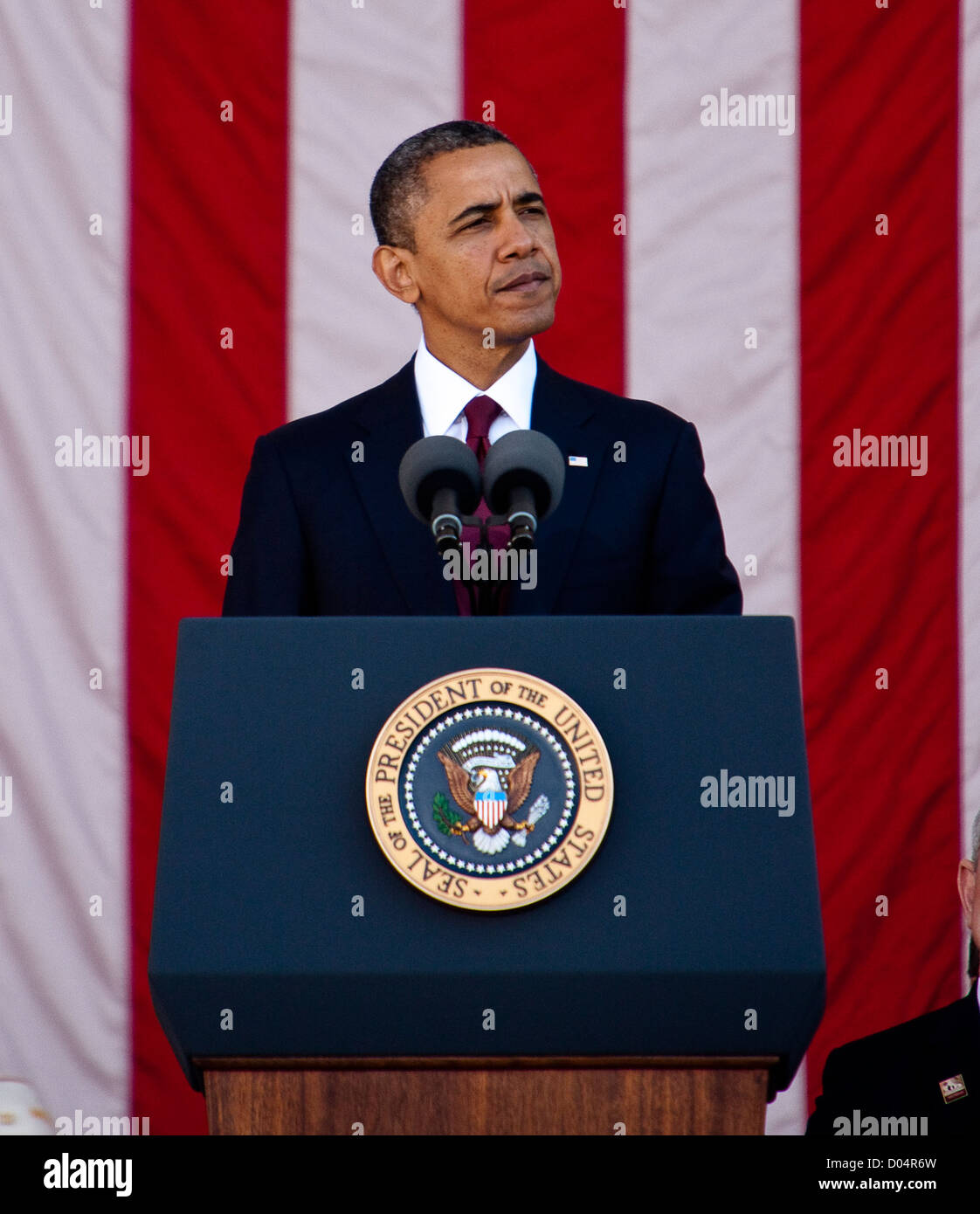US President Barack Obama speaks during a Veterans Day ceremony Arlington National Cemetery November 11, 2012 in Arlington, VA. Stock Photo