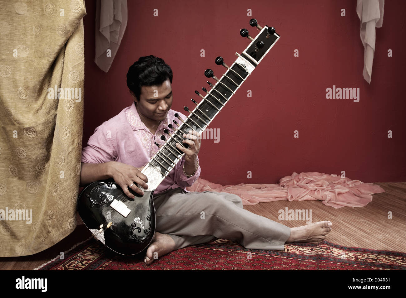 Handsome Indian man plays a Sitar indoors Stock Photo