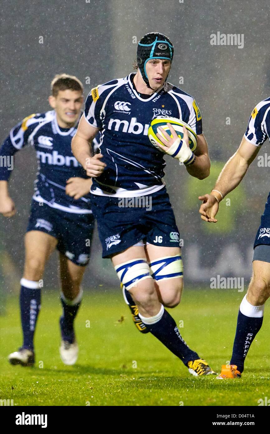 16.11.12 Salford, England. Sale Sharks English flanker James Gaskell in ...