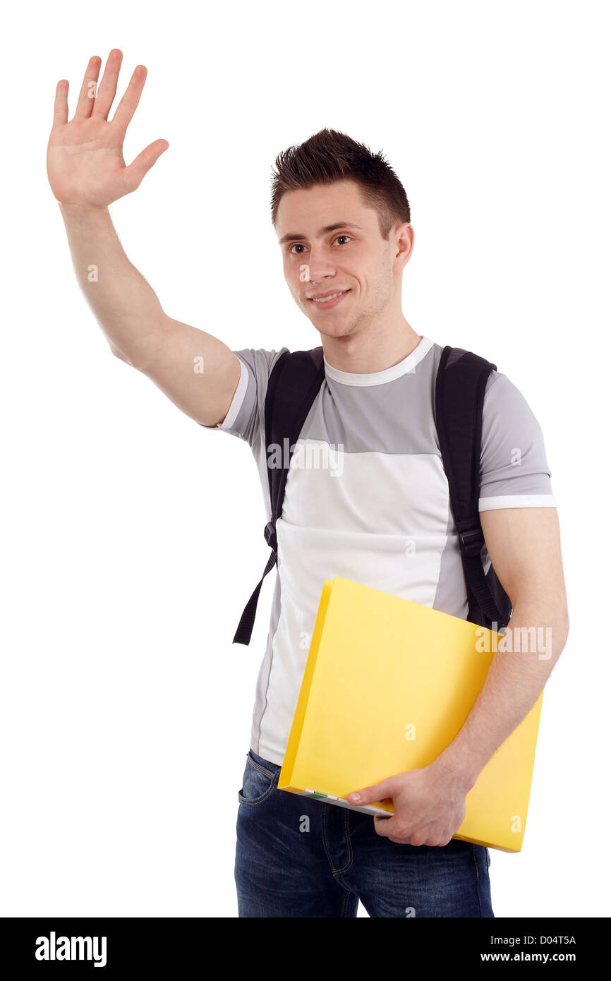 Isolated young student with back pack and yellow notebook Stock Photo
