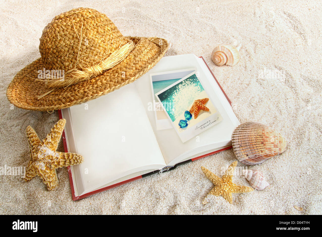 Book with straw hat and seashells at the beach Stock Photo - Alamy