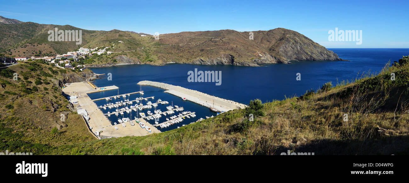 Panoramic view of Portbou bay and harbor in the Costa Brava,Catalonia, Spain Stock Photo