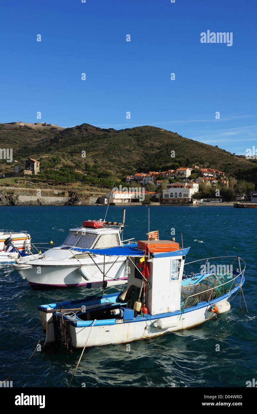 Small fishing boat in Port-Vendres harbor, Vermilion Coast, Roussillon, France Stock Photo