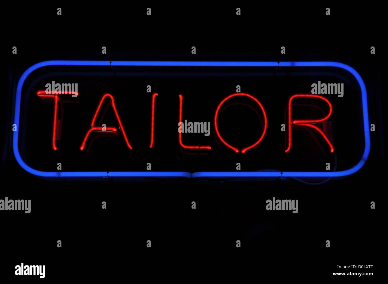 Tailor Electric Blue and Red Neon Sign Stock Photo