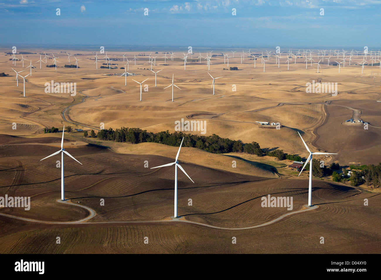 Aerial view of wind turbines in the Montezuma Hills of the Sacramento River Delta, northern California. Stock Photo