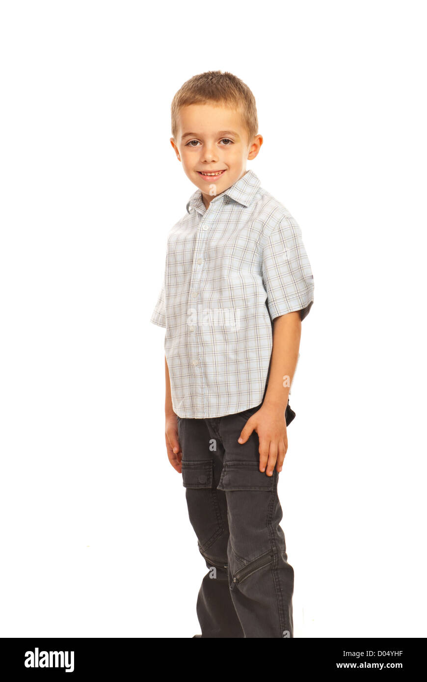 Smiling elegant boy wearing blue shirt isolated on white background