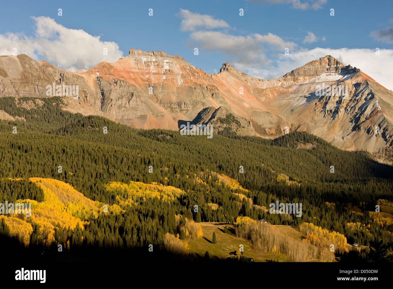 Vermillion Peak, 13, 894 ft 4235 metres with high forest of Engelmann's Spruce, Picea engelmannii and Aspens, San Juan mountains Stock Photo