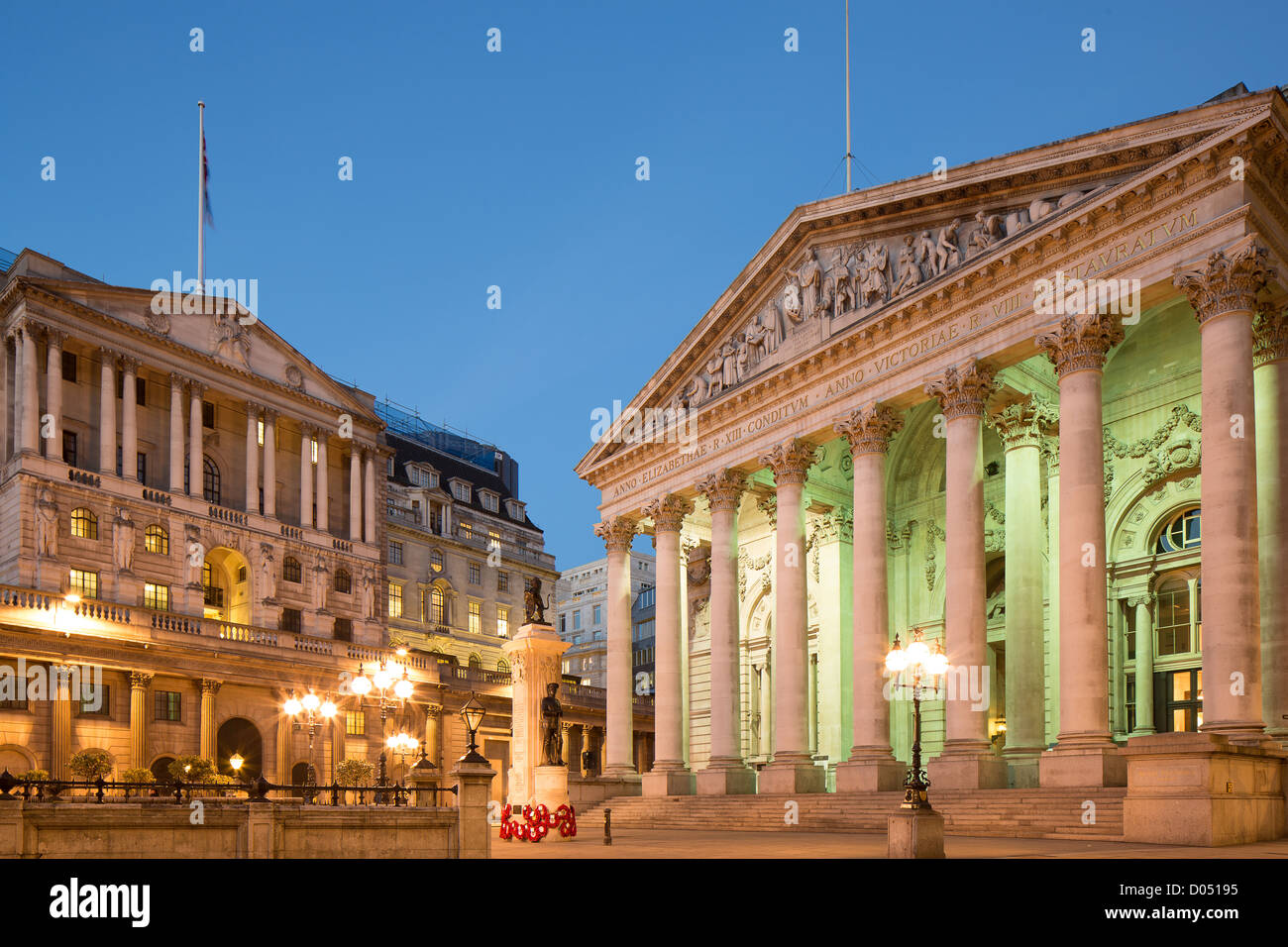 Bank of England and the Royal Exchange in London in blue light Stock Photo