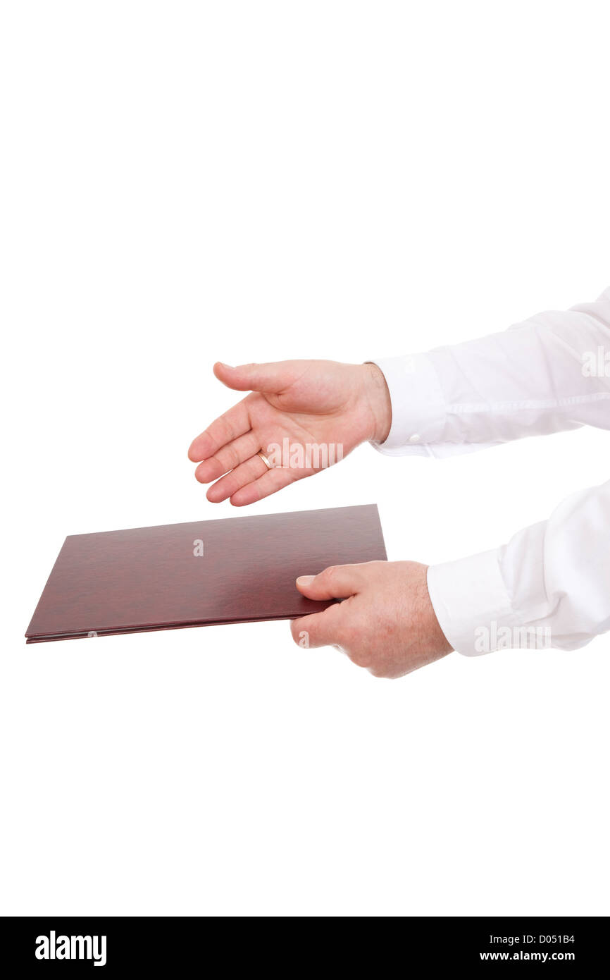man passes document of second person on white background Stock Photo