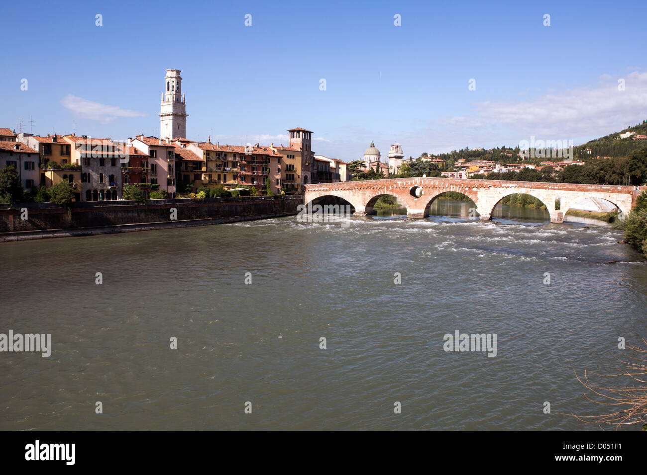 View to Saint Peter bridge and Adige river in Verona, Italy Stock Photo ...