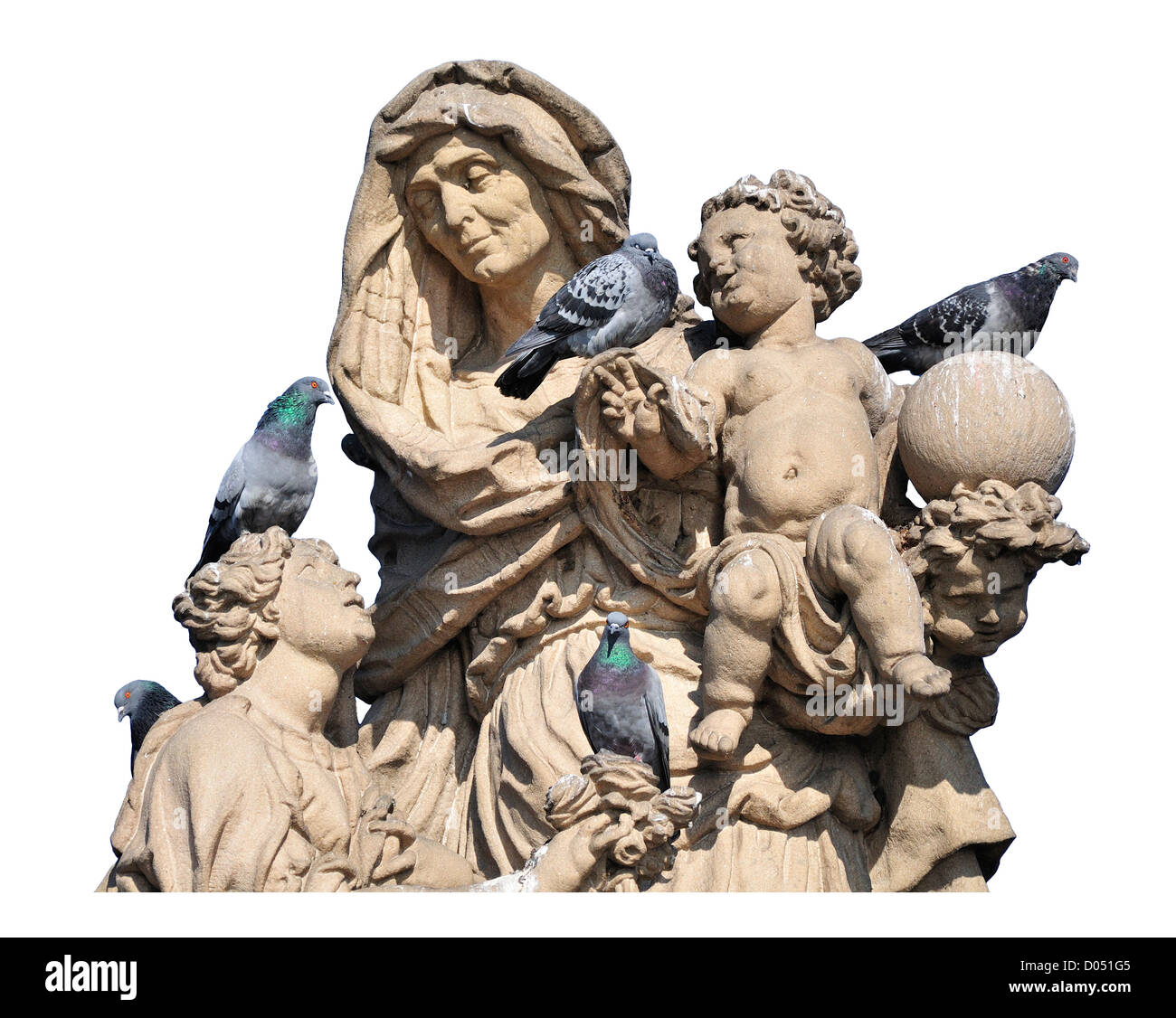 Prague, Czech Republic. Charles Bridge / Karluv most. Statue: St Anne with young Christ. Pigeons Stock Photo